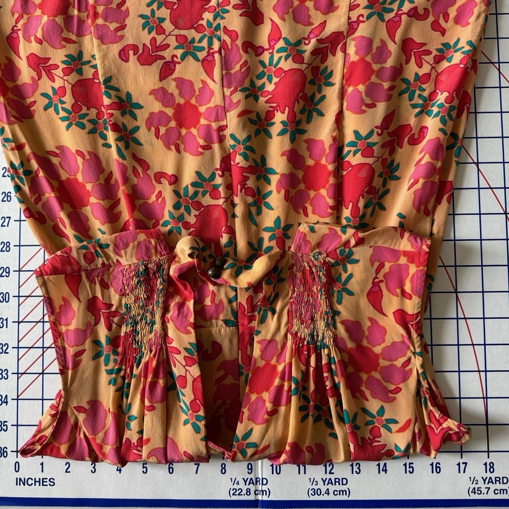 Tracy Reese 100% Silk Dress 4 Floral Y2K Smocked Orange Red Bright Open Back - Picture 12 of 14
